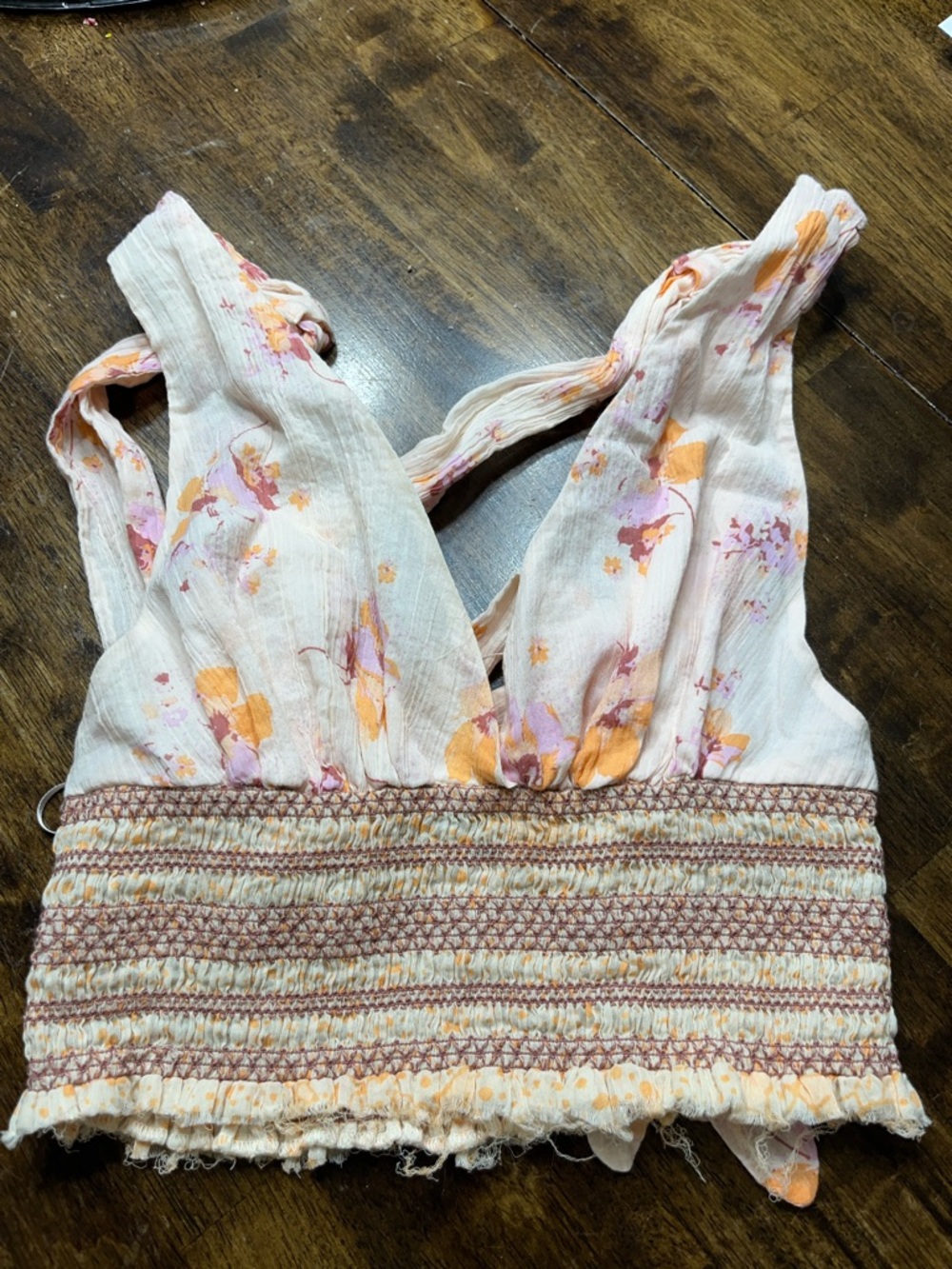 Free People Floral Smocked Crop Top - White, Peach & Lavender